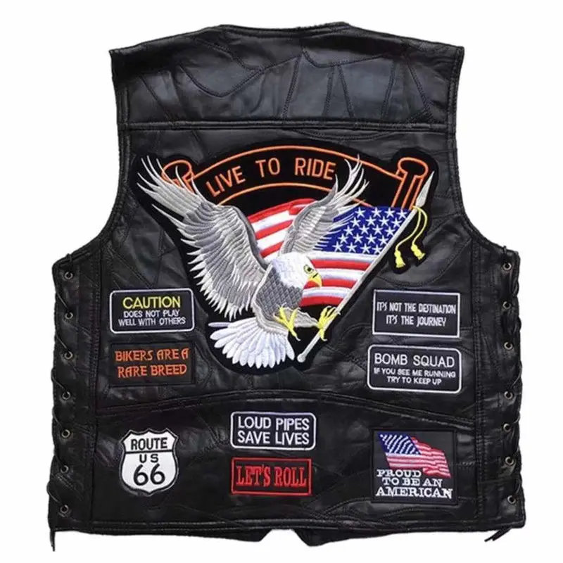 Motorcycle Leather Vest Men Motorcycle Jacket Bicycle Casual Waistcoat with Punk Retro Classical Badges Motocross Equipment