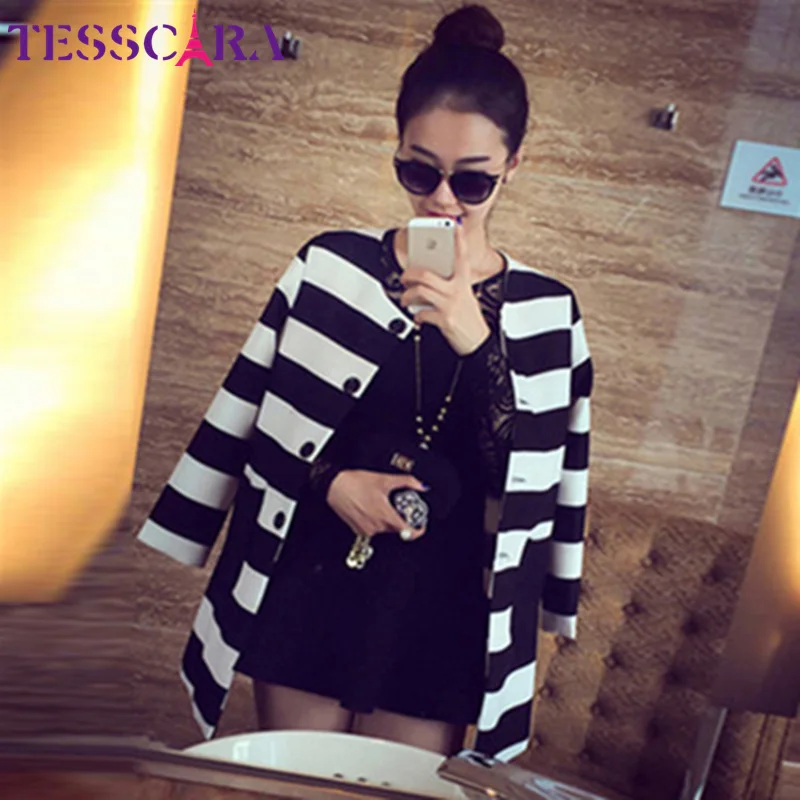 Big Stripe TESSCARA, весенне-осенние женские Базовые Куртки, верхняя одежда, модная куртка в полоску с принтом, приталенное повседневное пальто размера плюс S-4XL - Цвет: Big Stripe