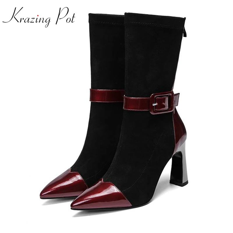 

krazing pot new patent cow leather zipper patch work Chelsea boots dating pointed toe super high heels winter mid-calf boots l62