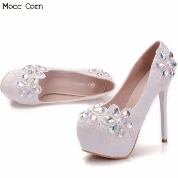 

Women White Lace Pumps Flowers Crystal Wedding Shoes Bridal Platform High Heels Rhinestone Thin Heel Shoes Stiletto Party Pumps