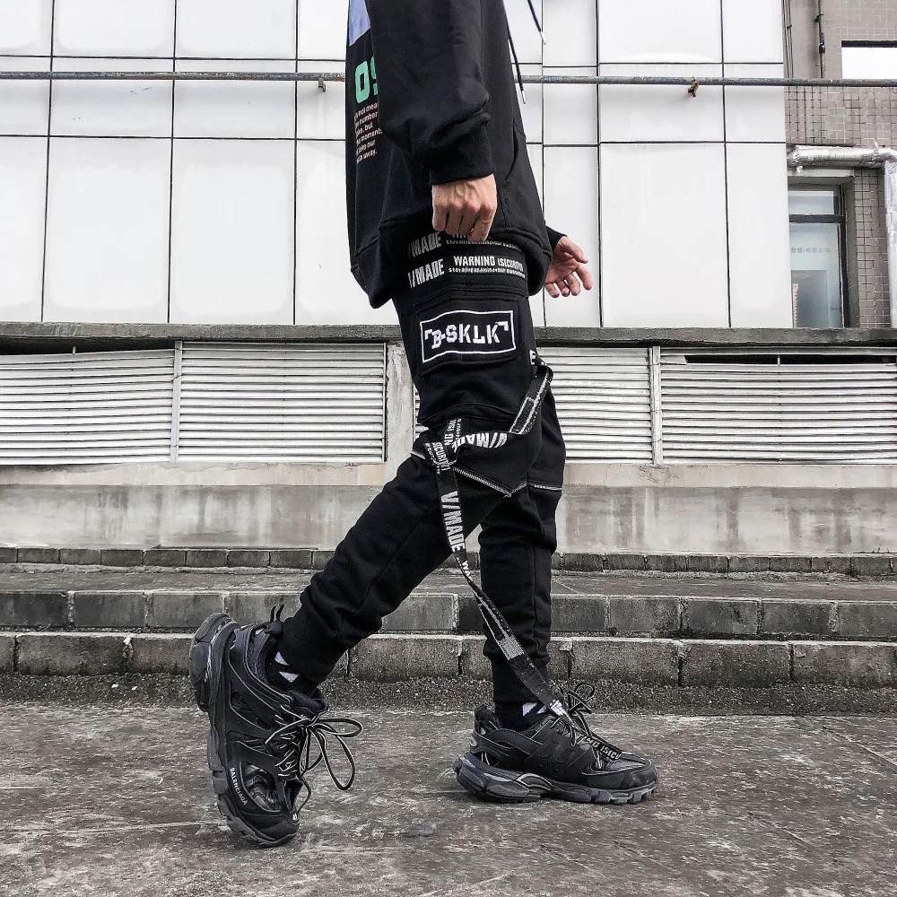 BBOY спортивные штаны, мужские черные штаны-карго с лентами и карманами,, шаровары для бега, Харадзюку, спортивные штаны, брюки в стиле хип-хоп, уличная одежда