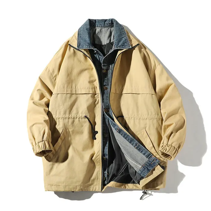 Japanese Style Denim jacket Men's Military Zipper Work Clothes Streetwear Bomber Jacket Loose Outerwear Coat Windbreaker - Color: Khaki