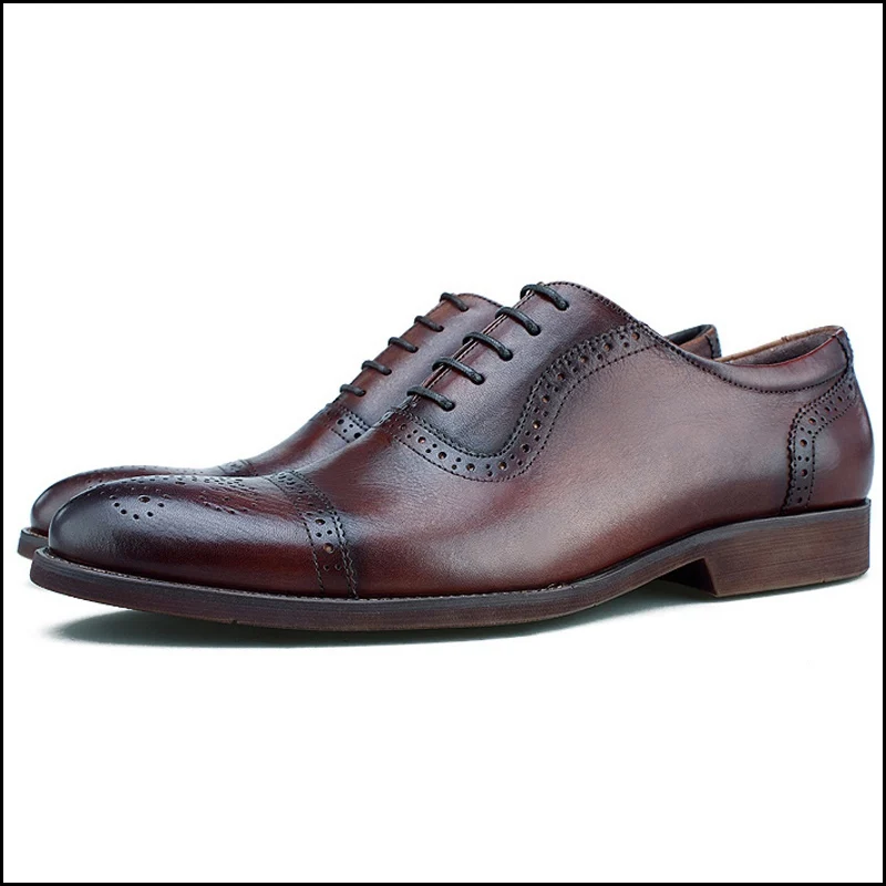 Vintage Man Cap Toe Semi Brogue Shoes Genuine Leather Formal Office Party Oxfords Round Toe Laces Men's Wedding Flats BGQ236