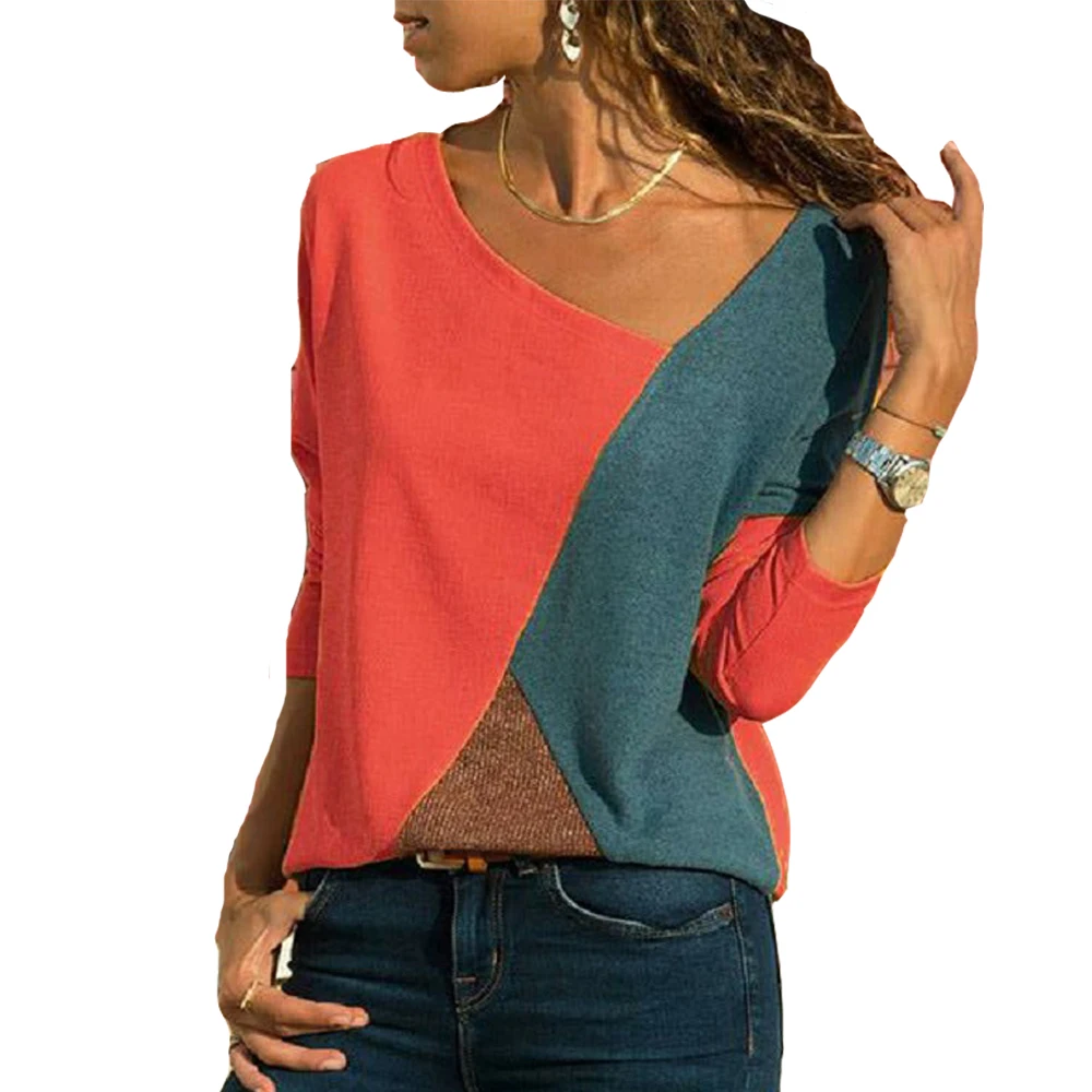 Spring Women Tops Elegant 2021 Fashion Autumn Female Tee Color Patchwork Casual Long Sleeve V