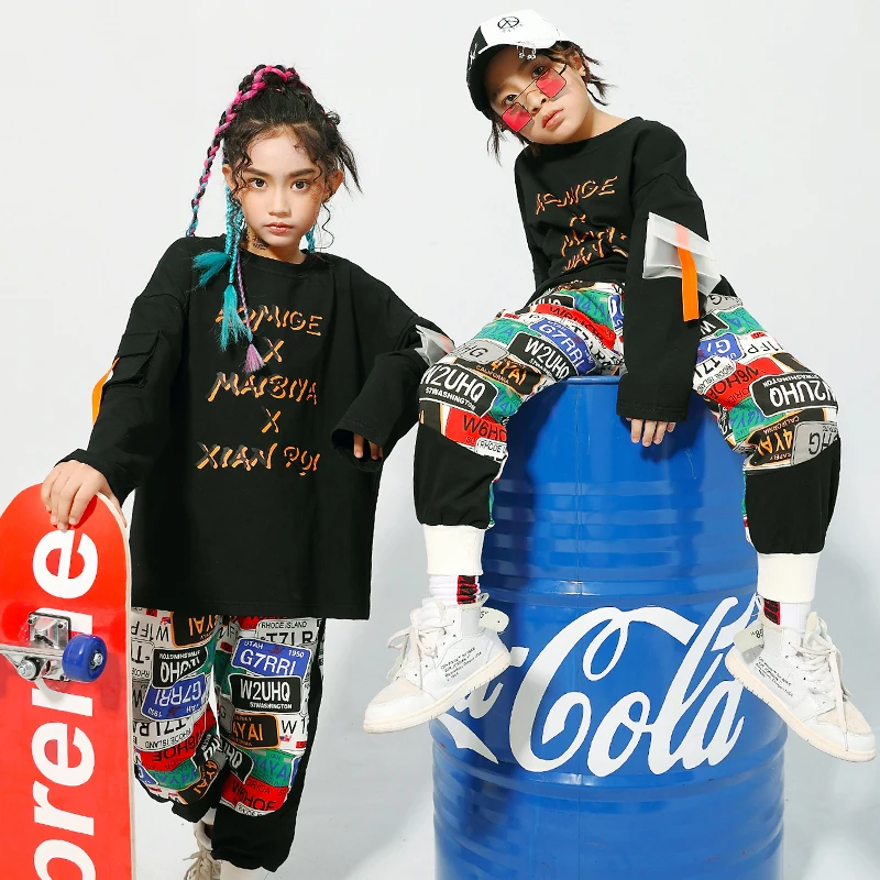 

2020 Jazz Dance Costumes Hip Hop Kids Long Sleeve Top Hiphop Pants Girls Performance Clothes Street Dance Stage Outfits DQS3994