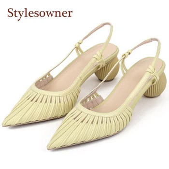 

New Closed Toe Light Yellow Green Beige Sandals Female Summer Hollow Pointed-toe Thick-round-heels Gentle Elegant Dress Sandals