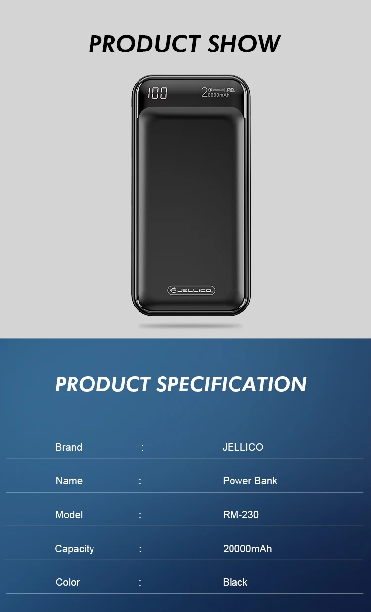Jellico power Bank 20000mAh светодиодный портативный аккумулятор power Bank PD Быстрая зарядка 12V power bank для iPhone Xiaomi Mi power Bank