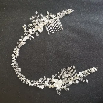 

SLBRIDAL Crystal Rhinestones Freshwater Pearls Flower Wedding Headband Hair Vine With Comb Bridal Hair Accessories Women Jewelry
