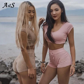 

Anbenser Sports Sisters Casual 2 Piece Set Women Ribbed Knitted Hooded Crop Top And Shorts Set Pink Casual Traksuit Suit Outfits