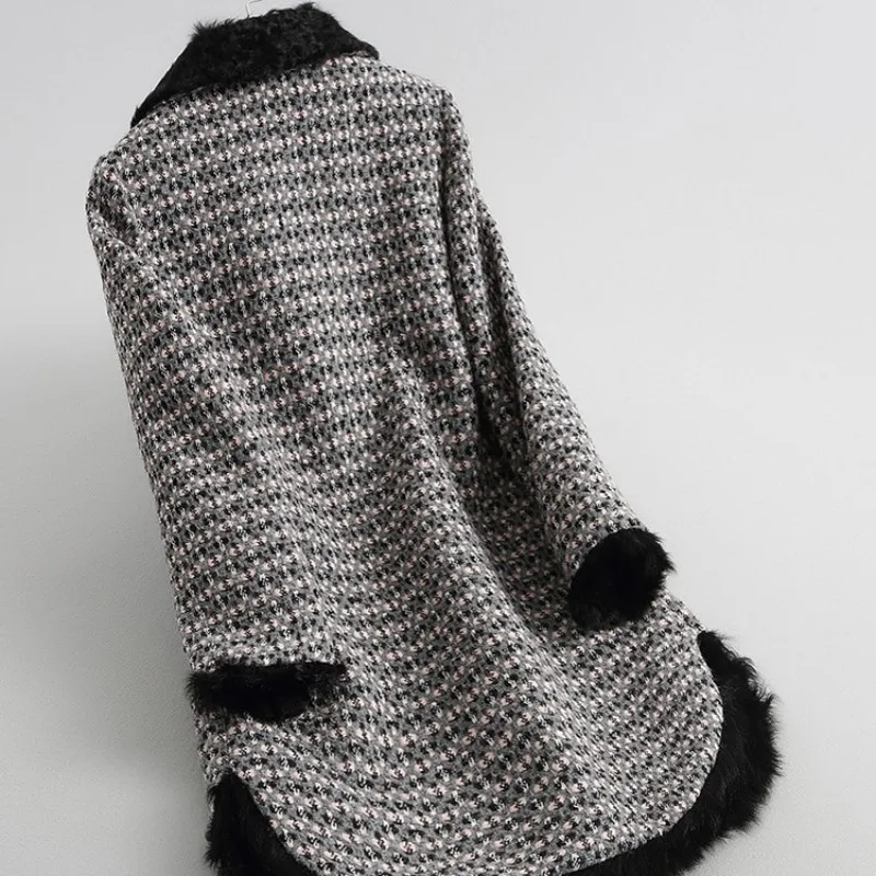 Роскошное твидовое меховое пальто для женщин осень зима длинный рукав меховой воротник теплое пальто женская уличная элегантная меховая верхняя одежда M-XL