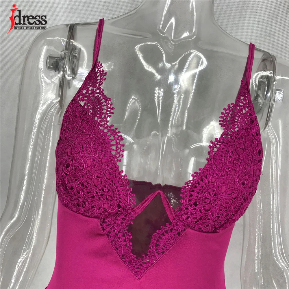 IDress 2020 New Sexy Satin Bodysuit Top Lace Flower Embroidery Body Top Women Skinny V Neck Steel Ring Bodysuit Summer Overalls (6)