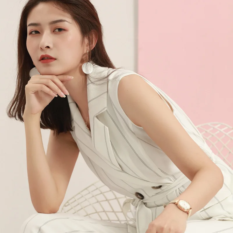 of 2020 the new brand ladies' OL temperament intellectual stripe two-piece suit collar sleeveless female fashion | Женская одежда