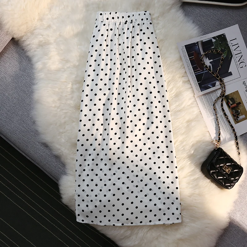 Syiwidii New Shirring Side Slit Women's Skirts Polka Dot Print White High Waist Back Elastic Band Elegant Ladies Midi Long Skirt maxi skirt