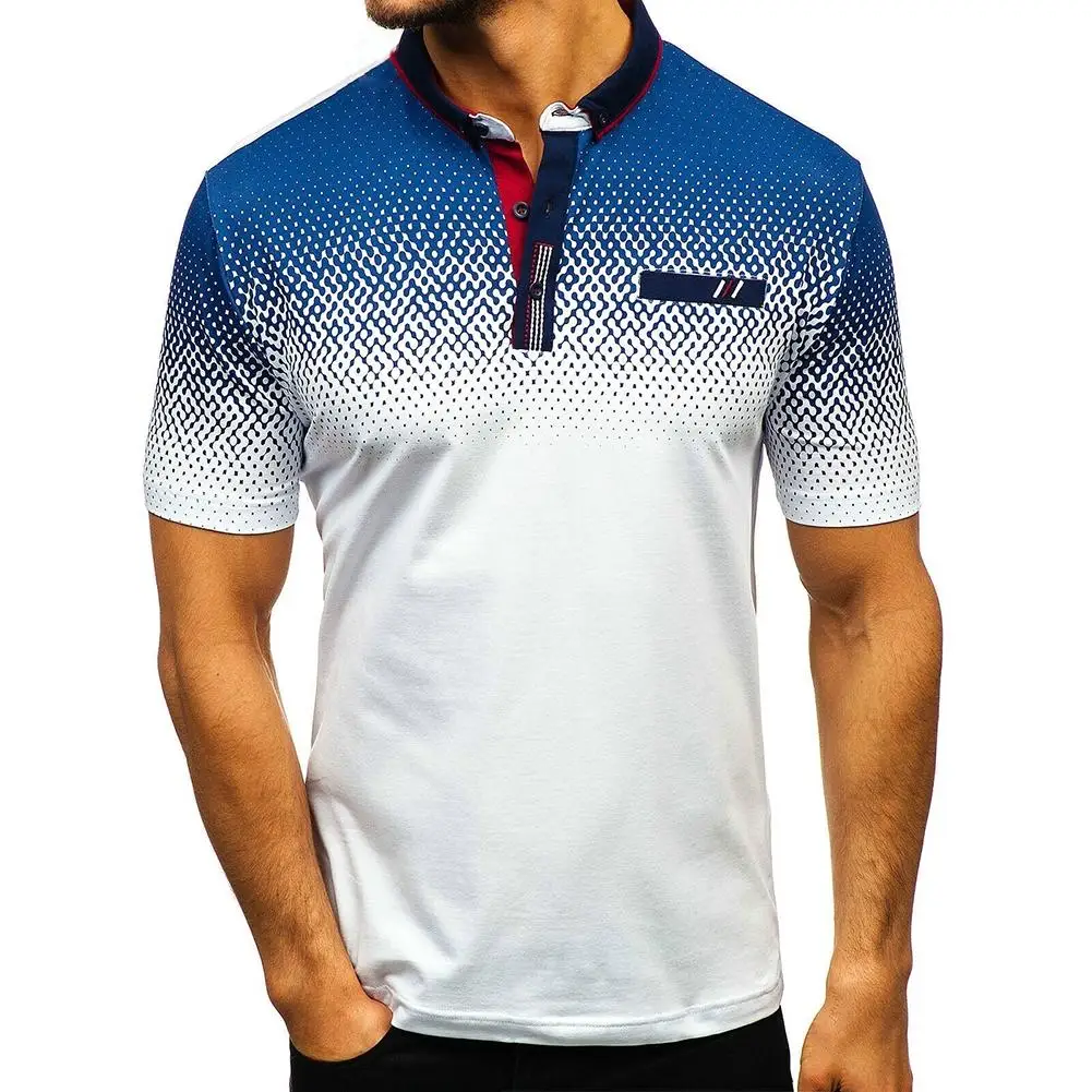 Fashion Men Gradient 3D Dots Stitching Color Print Shirt Short Sleeve Turn Down Collar Tee Top | Мужская одежда