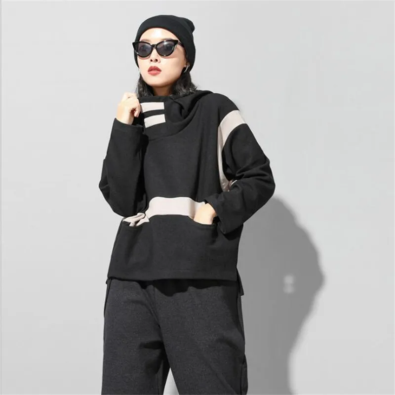 Черный Осень зима теплая плотная ткань толстовки и свитшоты sudadera mujer полосатый геометрический дизайн толстовки женские блузки Топы - Цвет: Черный
