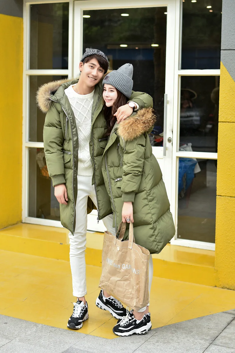 South Korea Female Version of Down Jacket Mid-length over-the-Knee Ultra Large Fur Collar Slim Fit Thick Large Size Couples
