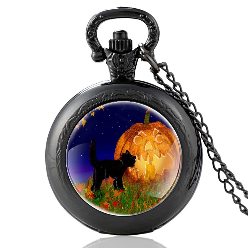 Хэллоуин Черный кот с тыквой винтажные Классические кварцевые карманные часы