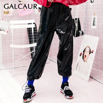 

GALCAUR Streetwear Style Pu Leather Pants For Women High Waist Elastic Waists Loose Boot Cut Pant Female Clothing 2020 Fashion
