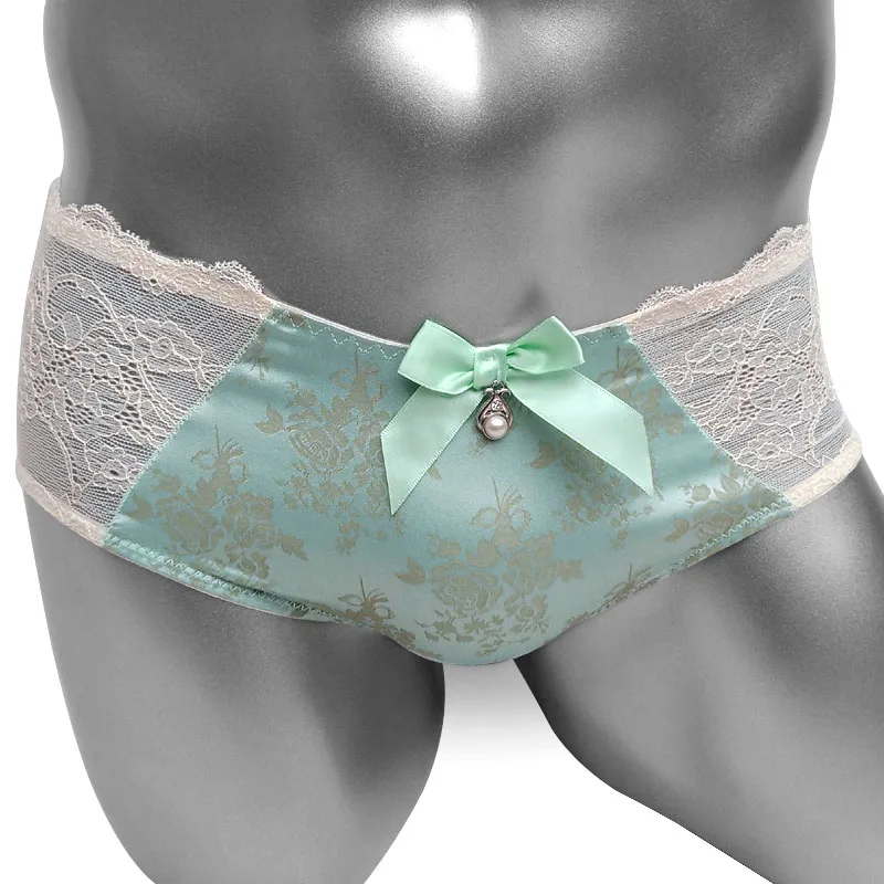 Sissy Satin Brief Panties with Bowknot Lace Patchwork Brand High quality Sexy Men Briefs Underwear Lingerie Sissy Panties