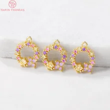 (1395)4PCS 11x13MM Hole 1MM 24K Gold Color Plated Brass with Zircon Flower Vine Charms Pendants High Quality Jewelry Accessories 