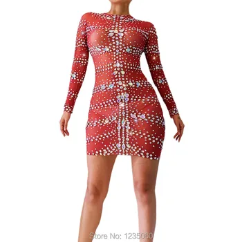 

Silver Rhinestones Red Mesh Dress Evening Birthday Celebrate Stage Dance Stretch Transprant Dresses Women Dancer Clothing