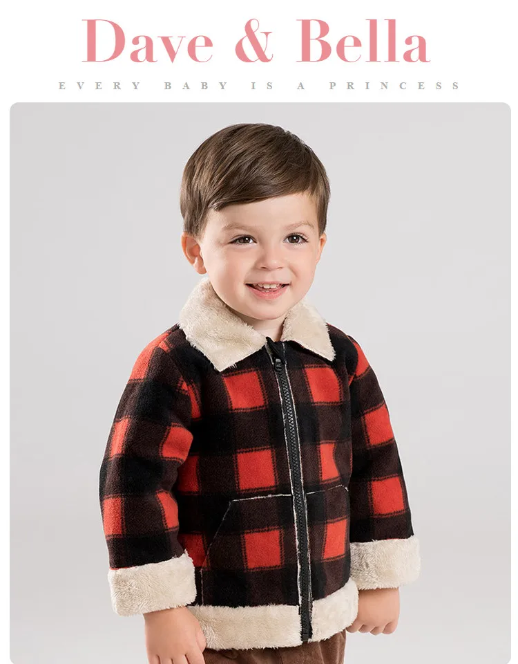 DBA10885 dave bella winter baby boys casual plaid zipper pockets coat children tops fashion infant toddler outerwear