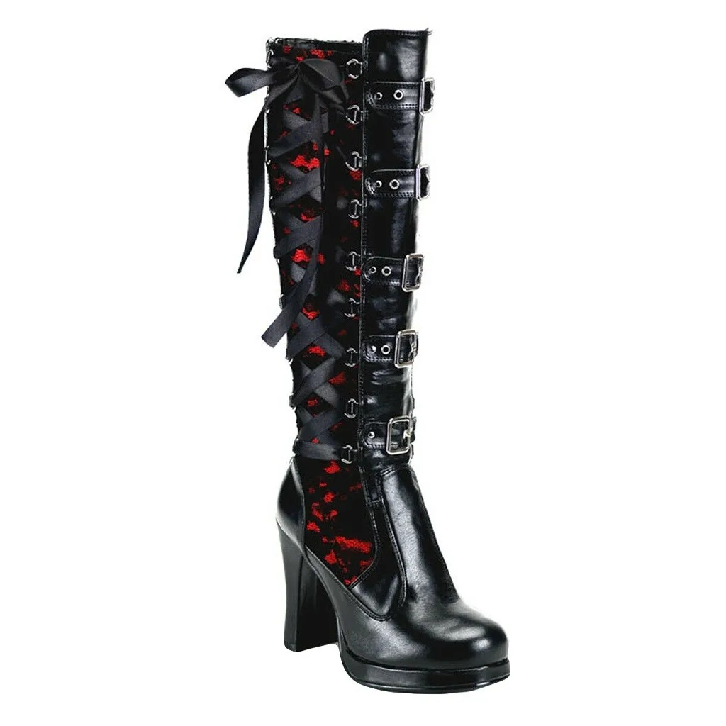 Ceny Halloween kobiety Cosplay wysokie buty zimowe długa rurka skórzane but rycerza Punk Gothic klasyczne czarne buty na wysokim obcasie kolana wysokie