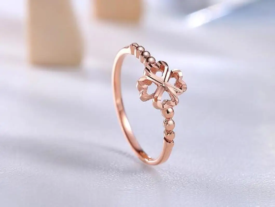 Элегантные наручные 4х в виде четырехлистного клевера тисненый 18K AU750 True реальные твердого кольца из розового золота для девочек; Мини-Юбка Для Женщины Девушки высококлассные Необычные для офиса, ювелирное изделие, подарок