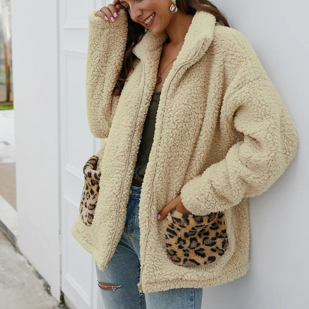 Jaycosin Fashion Women Winter Loose Wild Leopard Print Fleece Coat Stylish Long Sleeve Comfortable Soft Cardigan Zipper Coat22#4