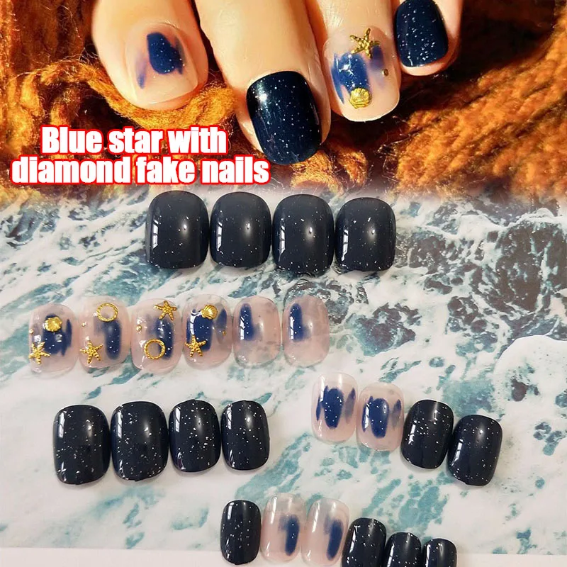24pcs Imitation Fake Nails Nail Art Nail Care 3D Fake Nails Blue Star Sky Diamond H7JP