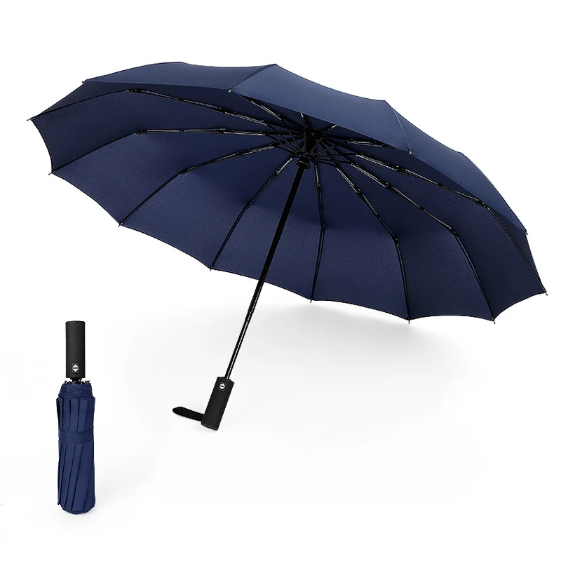 Only Jime Automatic Umbrella Solid Color 12 Bone Super Large Double Windproof Folding Umbrella Three Fold Unisex Umbrella - Цвет: Blue