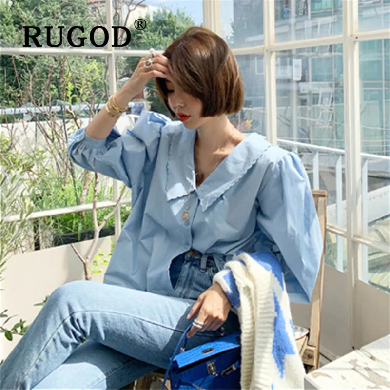 RUGOD корейский стиль шик Waveselvedge отложной воротник Элегантная блузка сплошной цвет с пышными рукавами Зимние Топы для женщин