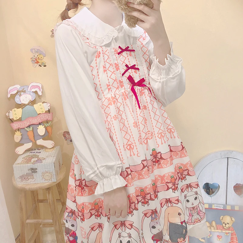 Kawaii Лолита платье Harajuku Kawaii косплей платье милый узор в виде кролика с открытыми плечами платья женские осенние