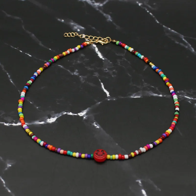 Simple Choker Necklaces Smiley Women Chain Ladies Seed Beads Pendant Girls Jewelry Colorful Trendy Korean Collares