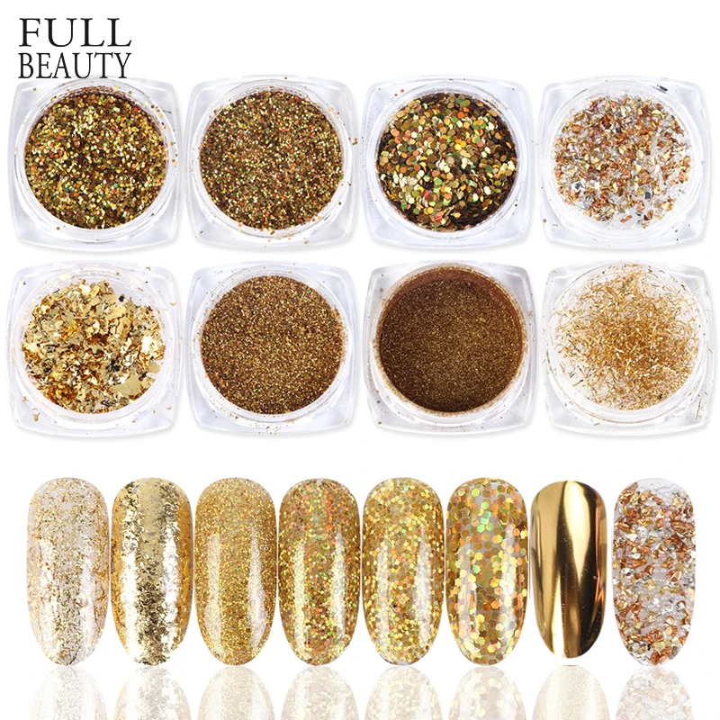 

8pcs Gold Nail Glitter Powder Set Galaxy Aluminum Sequins Paillette Gel Mirror for Nail Art Decorations Shinning Dust CH1506-07
