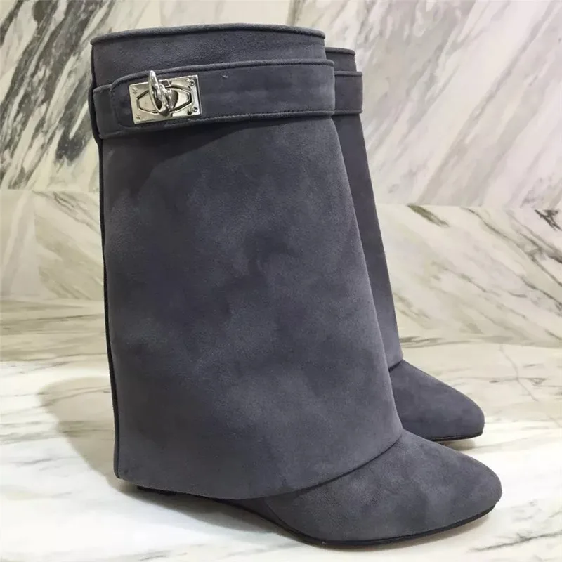 Green Suede Boots Women Shark Lock Belt Buckle Bottes Round Toe High Wedges Heel Botas Autumn Spring New Fashion Boots Women - Цвет: Grey