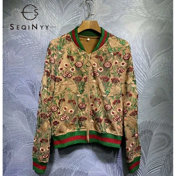 

SEQINYY Baseball Uniform Jacket 2020 Spring Autumn New Fashion Design Women Embroidery Flowers Mesh Loose Short Top Runway