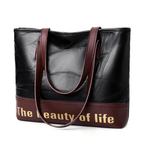 REPRCLA New Patchwork Leather Women Bag Autumn And Winter Ladies Handbag Big Capacity Shoulder Bag Casual Tote - Color: coffee color