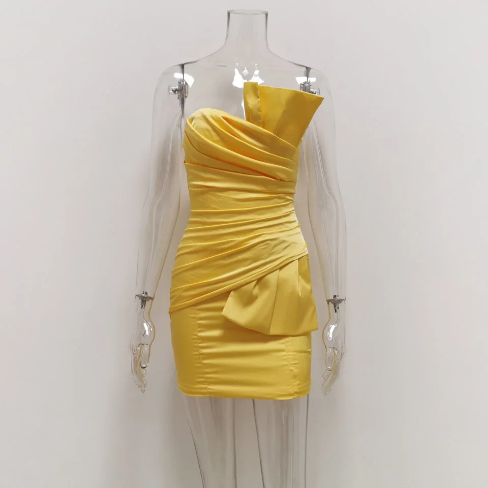 Karlofea, сексуальные вечерние платья без бретелек, женское желтое осеннее сатиновое мини-платье с запахом, Двухслойное, Клубная, Ночная одежда, элегантное, Vestidos - Цвет: Yellow