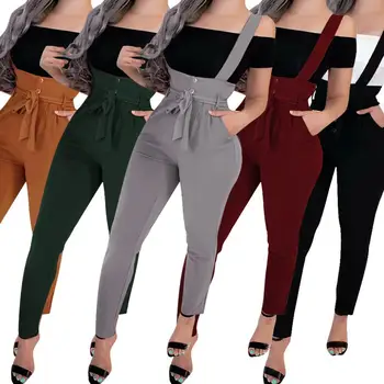 

Women Autumn Casual Solid Color Suspender Trousers Slim High Waist Lace up Pants