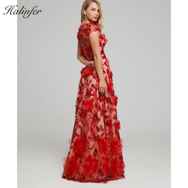 Halinfer Chinese applique Style Long Dress High Quality Red Bodycon Maxi Celebrity Wedding Cocktail Party Dress Vestidos
