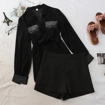 

2019 Nail bead two-piece Sets Korean version design pocket waist Blouse +high waist slim shorts Yellow Women Suit
