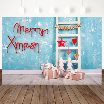 

Christmas Photography Background Merry Xmas Gift Ladder Blue Paint Wall Wooden Backdrop Decoration Props Banner For Photo Studio