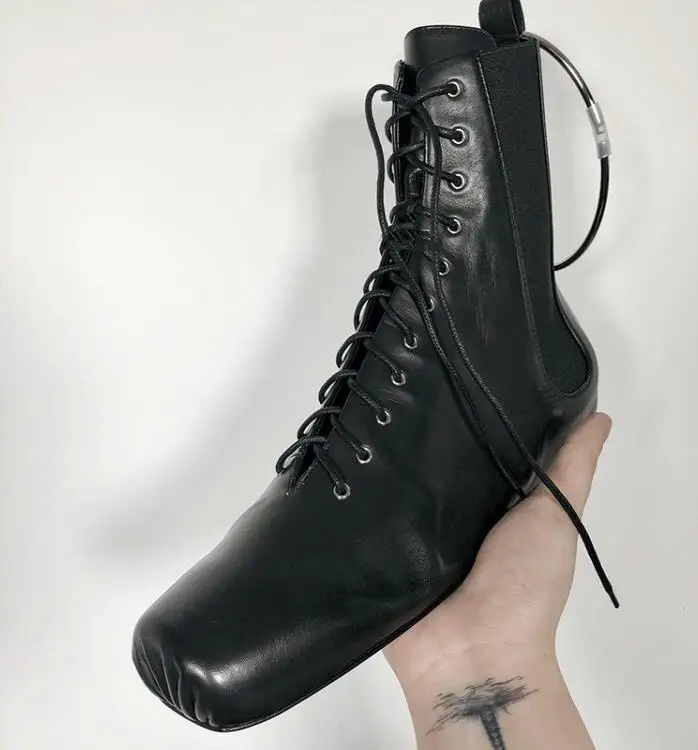 Mental Ring Women Ankle Boots Fashion Square Toe Lace Up Women Genuine Leather Shoes For Winter Boots Shoes Causal Shoes Woman