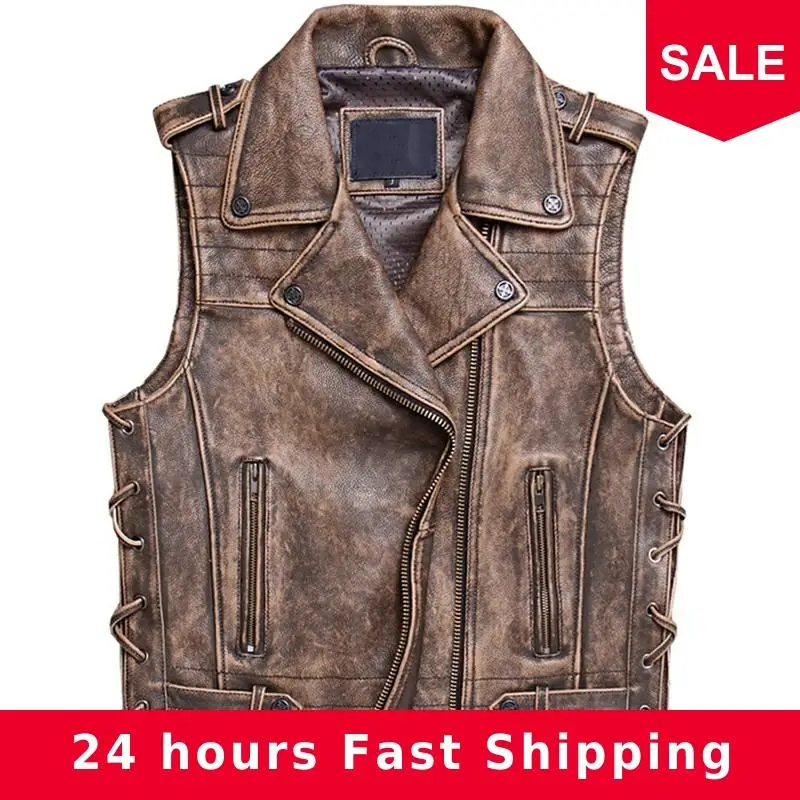 

2020 Vintage Brown Men Slim Fit Motorcycle Leather Vest Large Size XXXXL Genuine Cowhide American Biker's Leather Vest