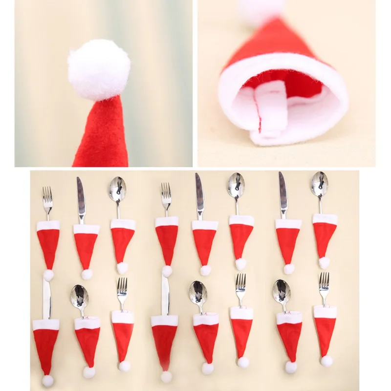 

Christmas Silverware Holder Wine Bottle Cap Topper Santa Hat Pockets Knife Spoon Fork Bag Candy Cover