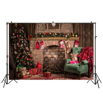 

Christmas Backdrop Tree Stove Scok Fireplace Xmas Party Photography Backdrop for Pictures Background Photo Studio Props XT-5049