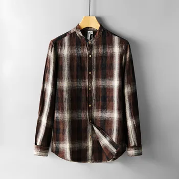

2020 Spring New Black White Plaid Shirts Men Check 100%Linen Long Sleeve Stand Collar Shirt Plus Size Brand Clothing