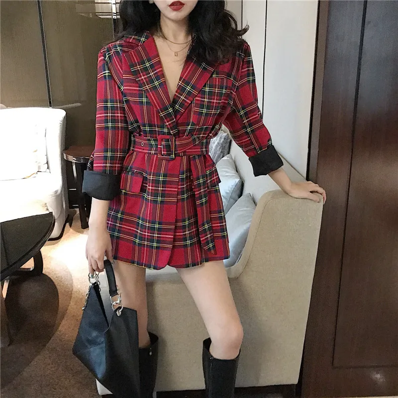 Модный Красный блейзер для женщин Осень корейский стиль винтаж шик плед тонкий ремень длинный Костюмный пиджак blaser feminino C92