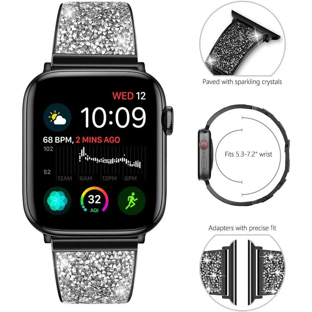 Metal Diamond-Studded Stainless Steel Chain Bracelet For Apple Watch Strap 6 5 4 3 2 SE 38mm 40mm 42mm 44mm | Наручные часы